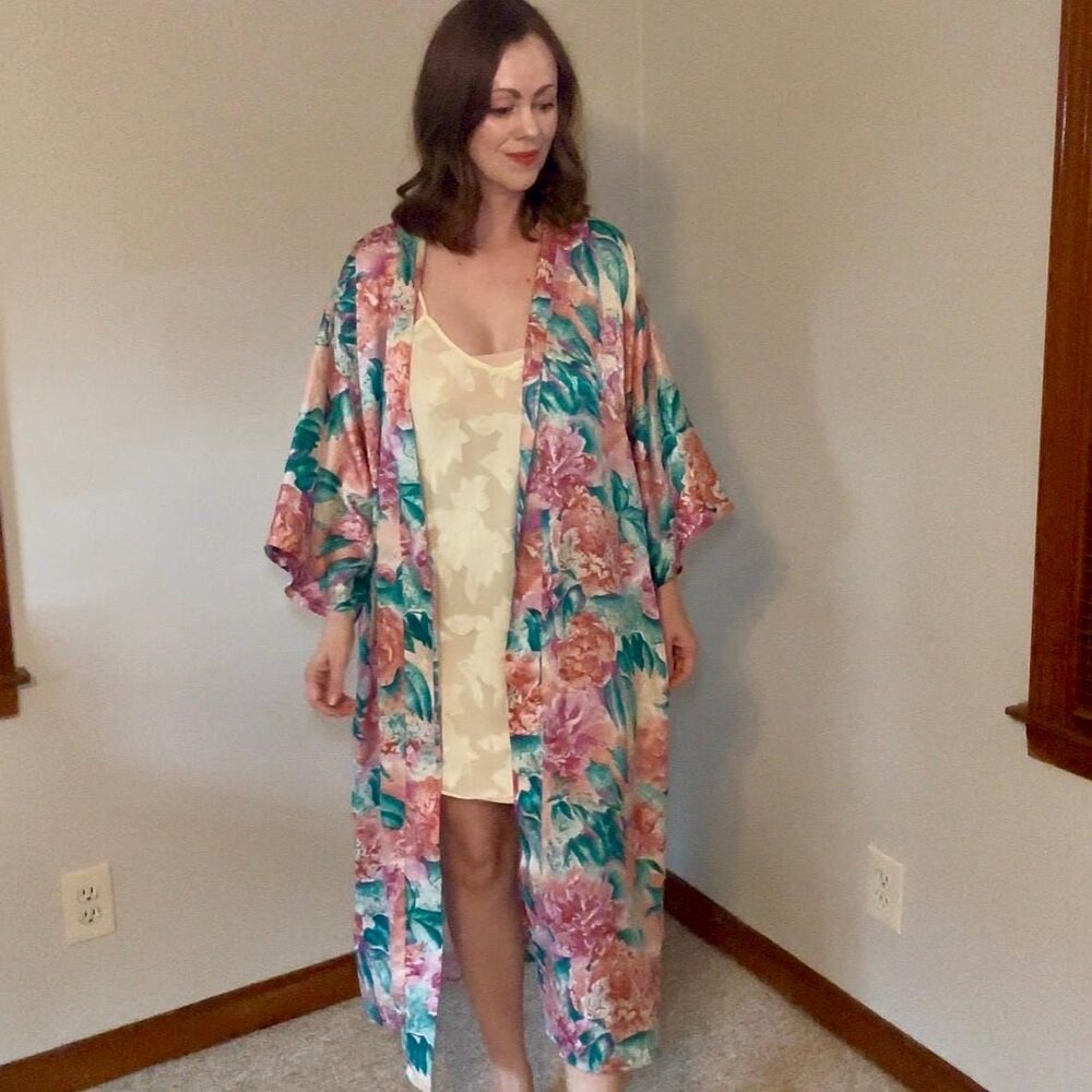 Vtg 90s Floral Jacquard Duster Robe | California Dynasty Maxi Kimono Size S/M